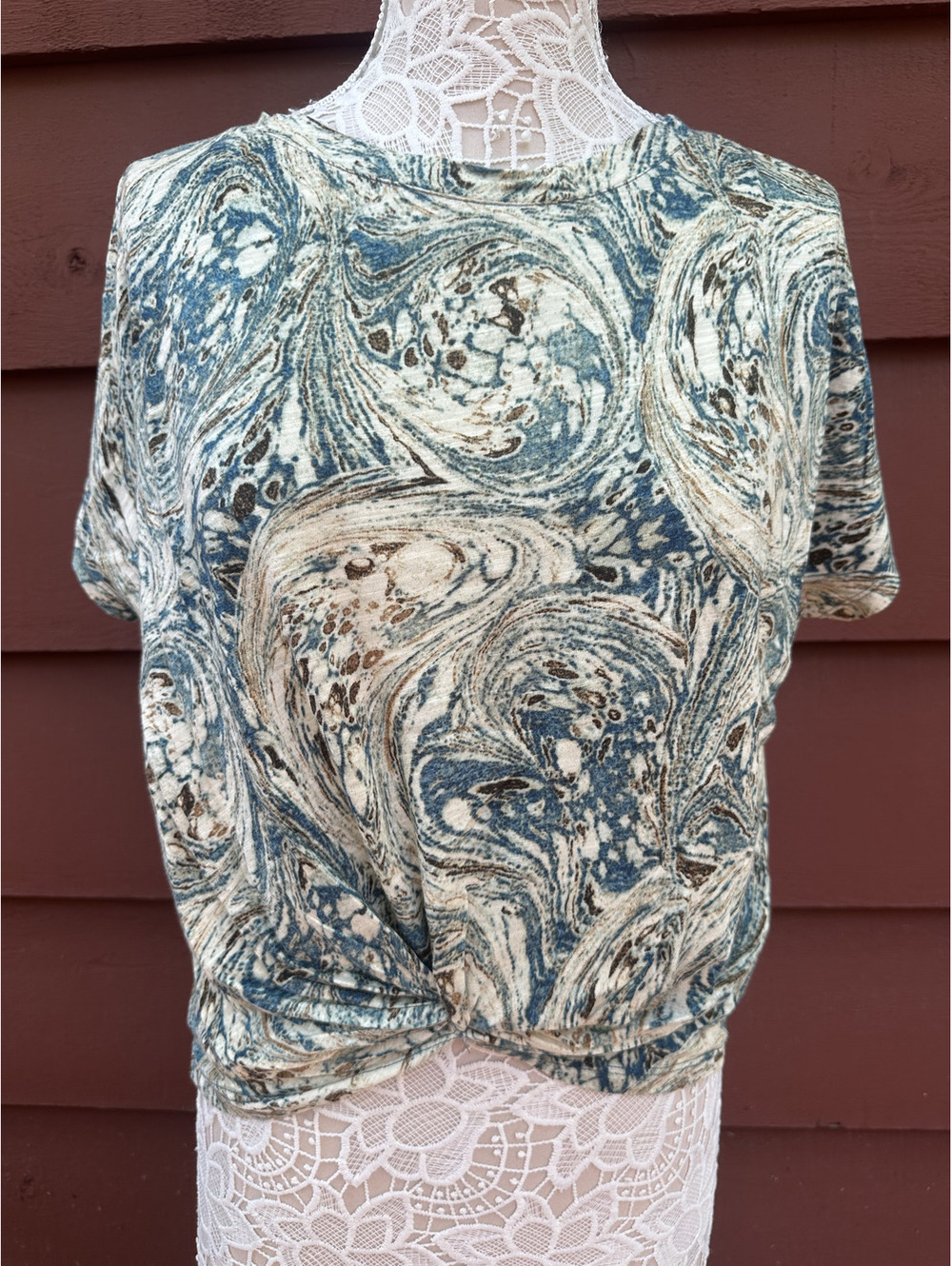 Y2K Psychedelic Liverpool Los‎ Angeles Teal Marbled Swirl Twist Front Tee
